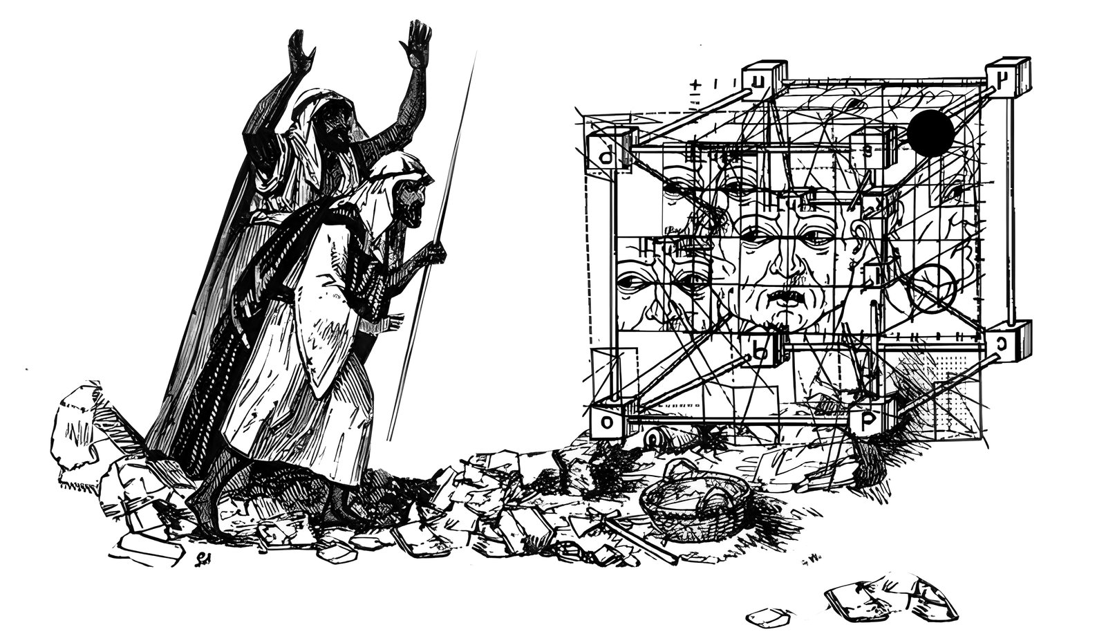 Two robed figures with raised arms walk through rubble toward a wireframe cube full of faces.